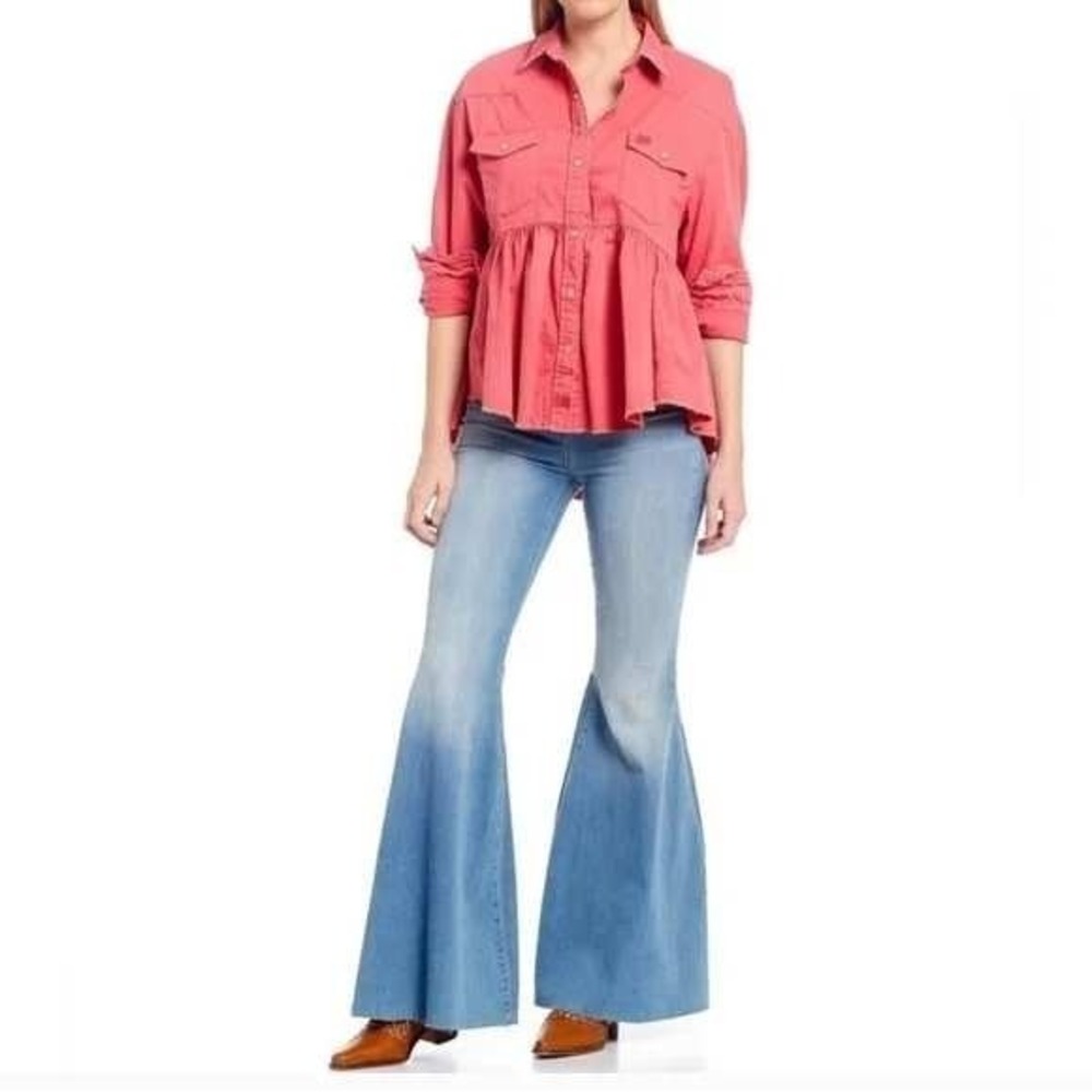 We The Free by Free People Coral Red Peplum Button Down Shirt – Size Small - Picture 3 of 9